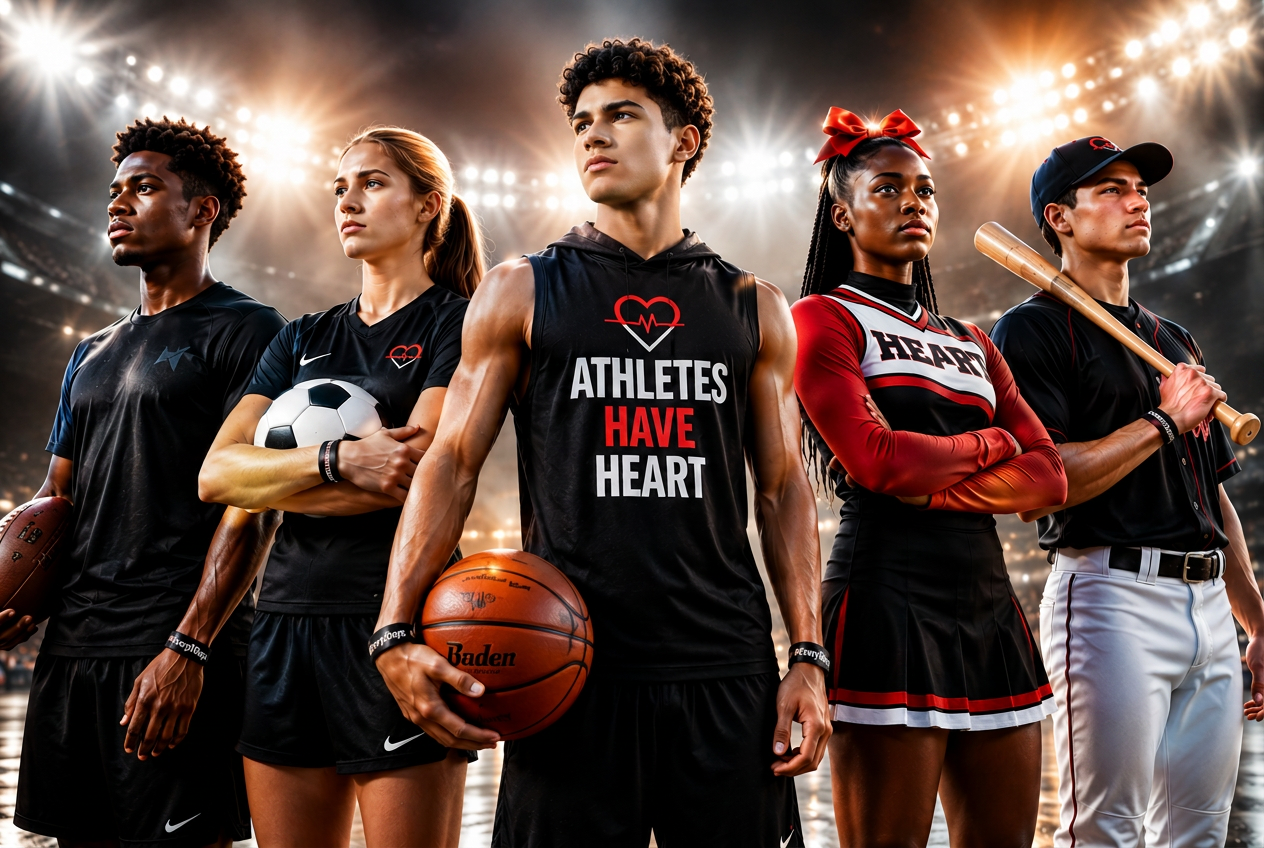 Young athletes in Athletes Have Heart gear standing together under stadium lights