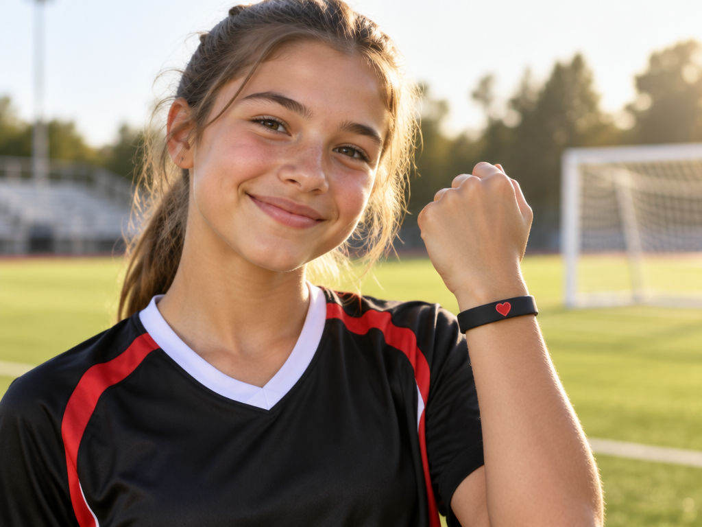 Young athlete wearing an Athletes Have Heart bracelet on a sunny field